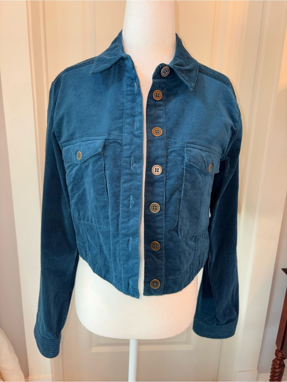 Free People Teal Corduroy Cropped Button Jacket